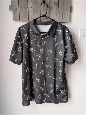 Black Polo Shirt with White Golf Stick-Figure Print